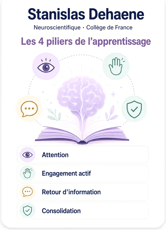 Stanislas Dehaene — Les 4 piliers de l’apprentissage : attention, engagement actif, retour d’information, consolidation